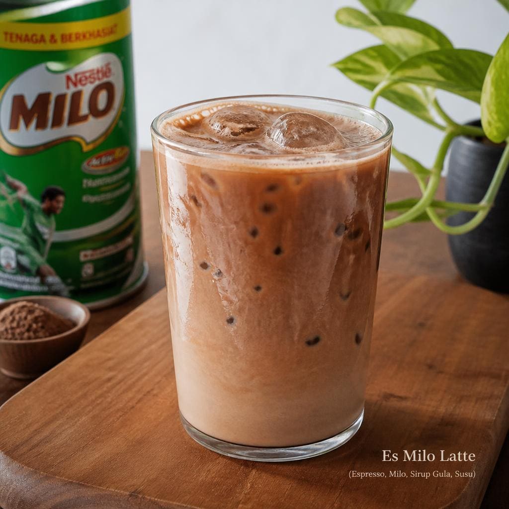 Es Milo Latte Kopi Ruang Hati dengan espresso milo sirup gula dan susu